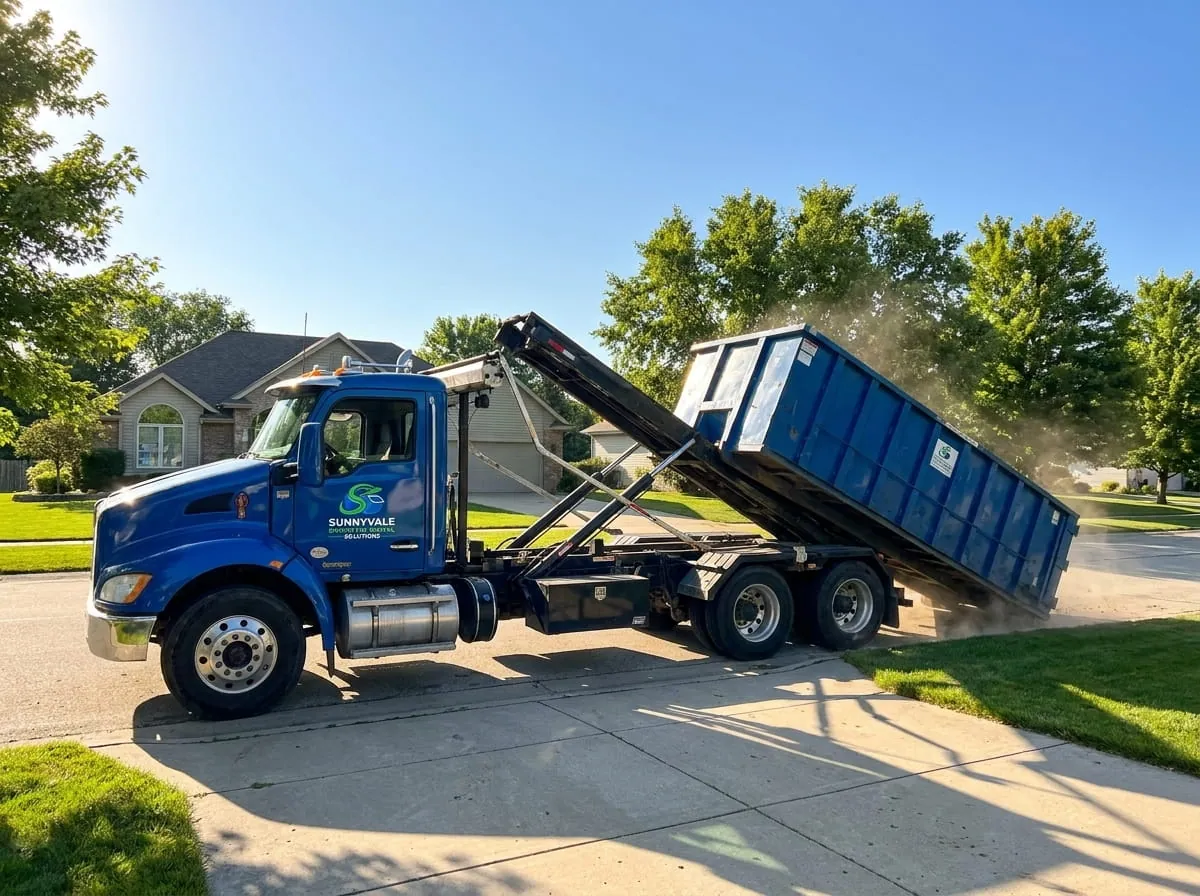 Same-day dumpster delivery in Sunnyvale, CA Sunnyvale Dumpster Rental Solutions truck delivering a roll-off dumpster to a Sunnyvale CA driveway