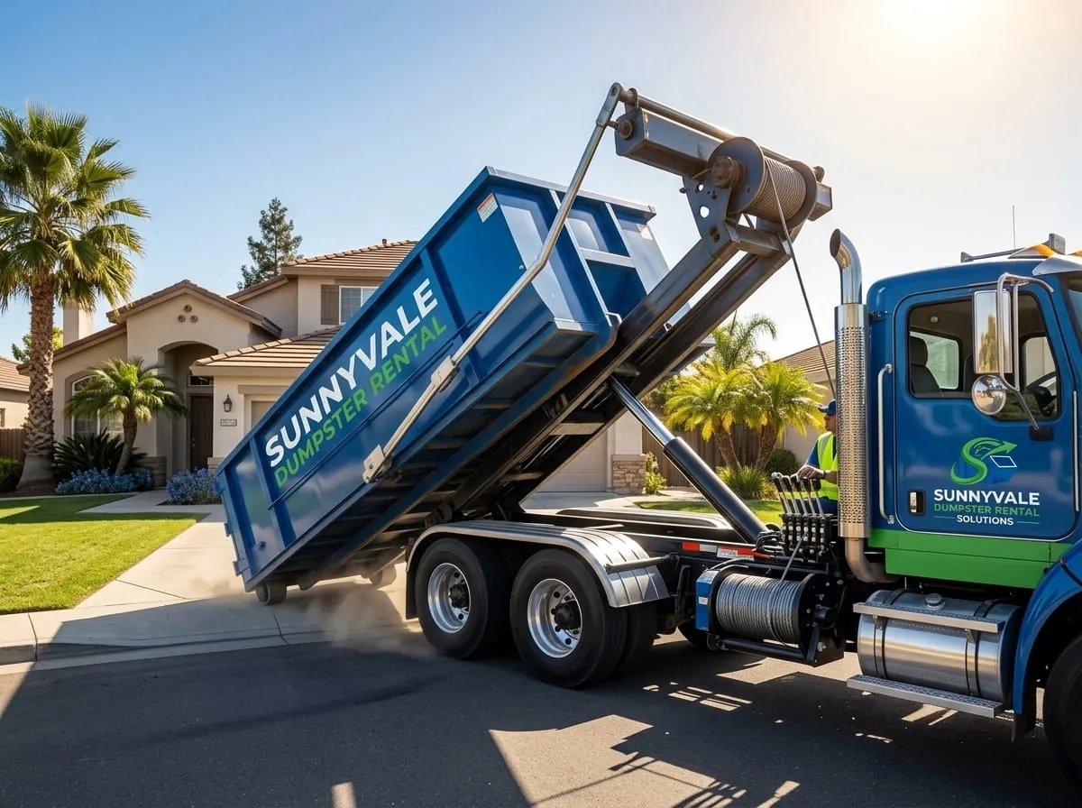 Roll-off construction dumpster being loaded onto a Sunnyvale Dumpster Rental Solutions truck